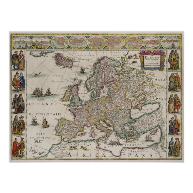 Historical Map of Europe (by Willem Blaeu) Poster (Front)
