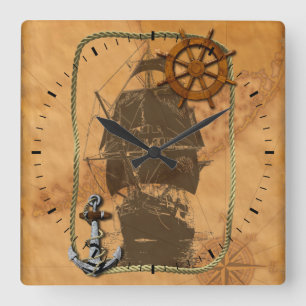 Historical Sailing Ship And Nautical Map Square Wall Clock