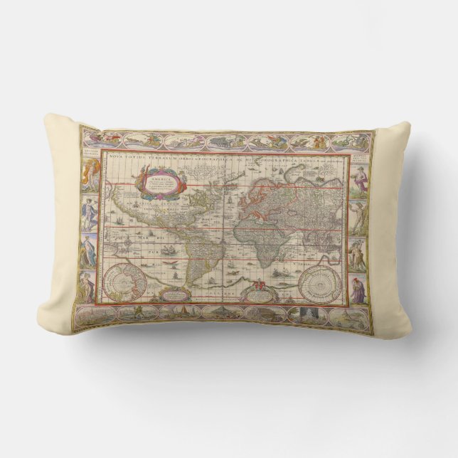 Historical World Map (Mediaeval) (by Willem Blaeu) Lumbar Cushion (Front)
