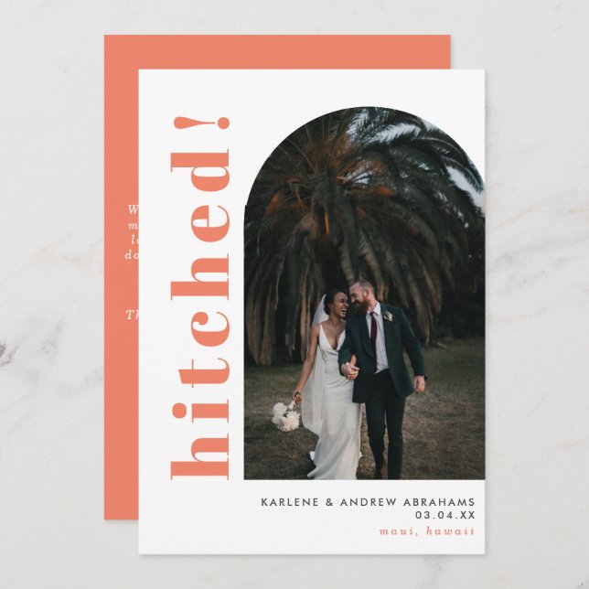 Hitched Arch Photo Coral Wedding Elopement Announcement (Front/Back)