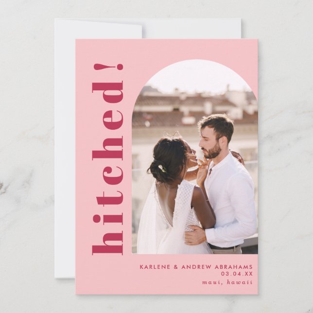 Hitched Arch Photo Pink Wedding Elopement Announcement (Front)