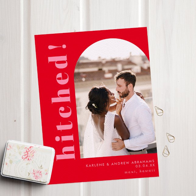 Hitched Arch Photo Red & Pink Wedding Elopement Announcement (Creator Uploaded)