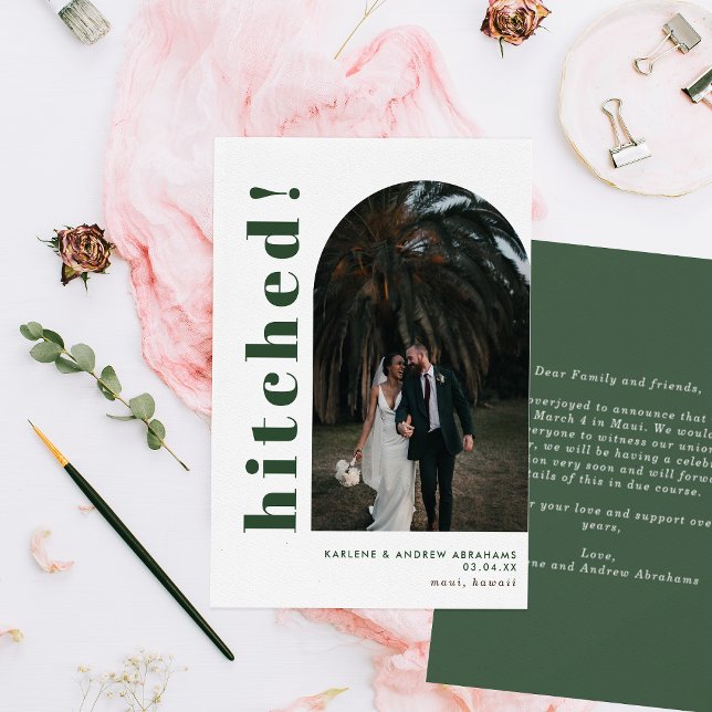 Hitched Arch Photo Typography Wedding Elopement  Announcement (Creator Uploaded)