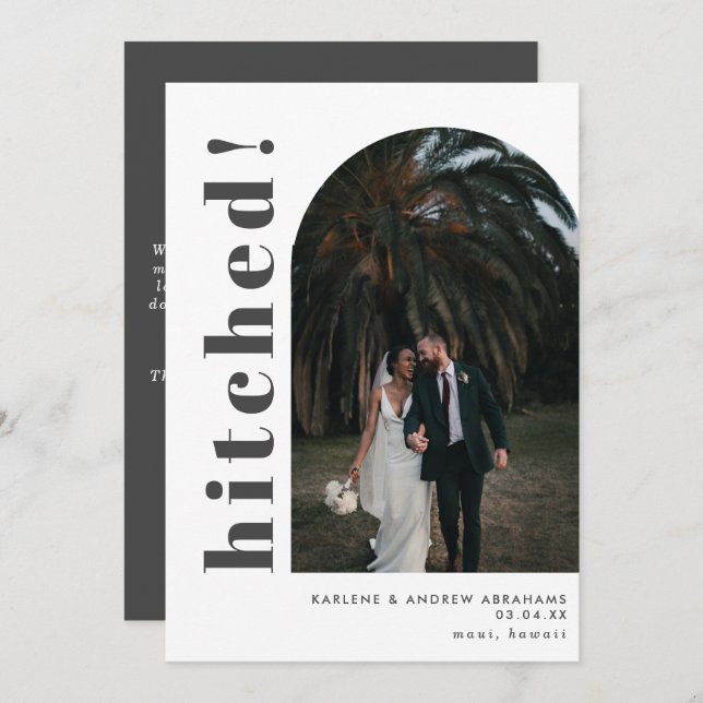 Hitched Grey Arch Photo Wedding Elopement Announcement (Front/Back)