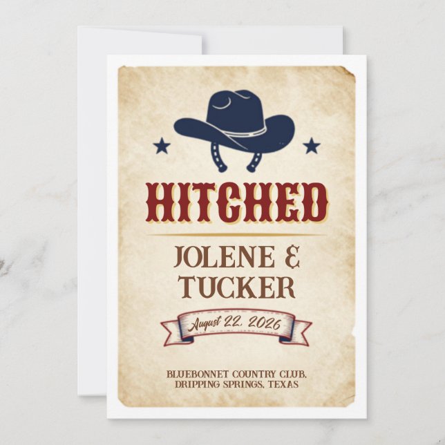 Hitched | Rustic Western Wedding Invitation | Cowb (Front)