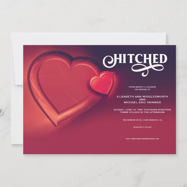 Hitched, Two Hearts Red Wedding Invitation (Front)