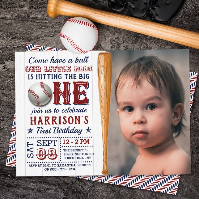 Hitting The Big One Baseball 1st Birthday Photo Invitation (Creator Uploaded)