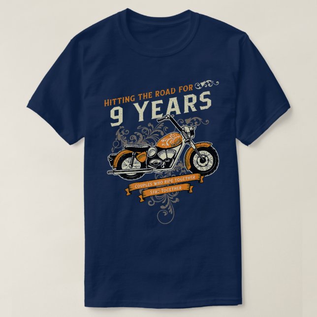 Hitting The Road for 9 Years Biker 9th Wedding Ann T-Shirt (Design Front)