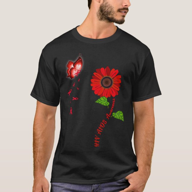HIV Aids Awareness Red Butterfly Sunflower Ribbon T-Shirt (Front)