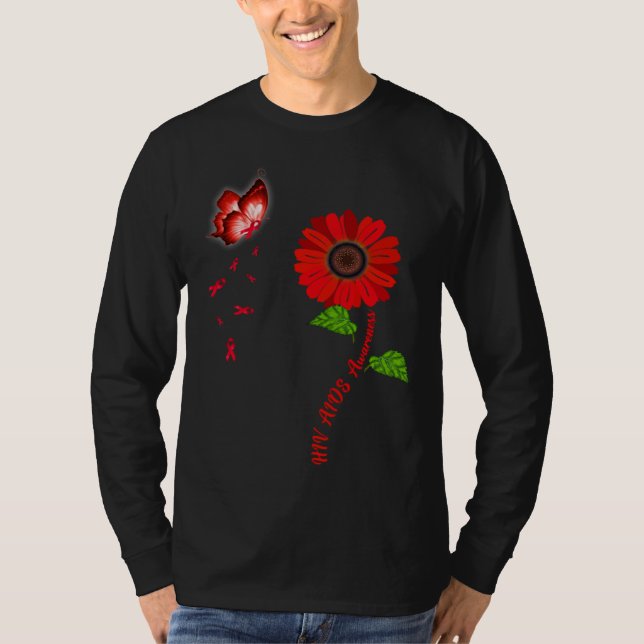 HIV Aids Awareness Red Butterfly Sunflower Ribbon T-Shirt (Front)