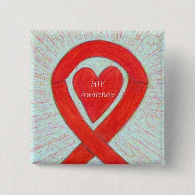 HIV Awareness Heart Ribbon Custom Art Pin (Front)