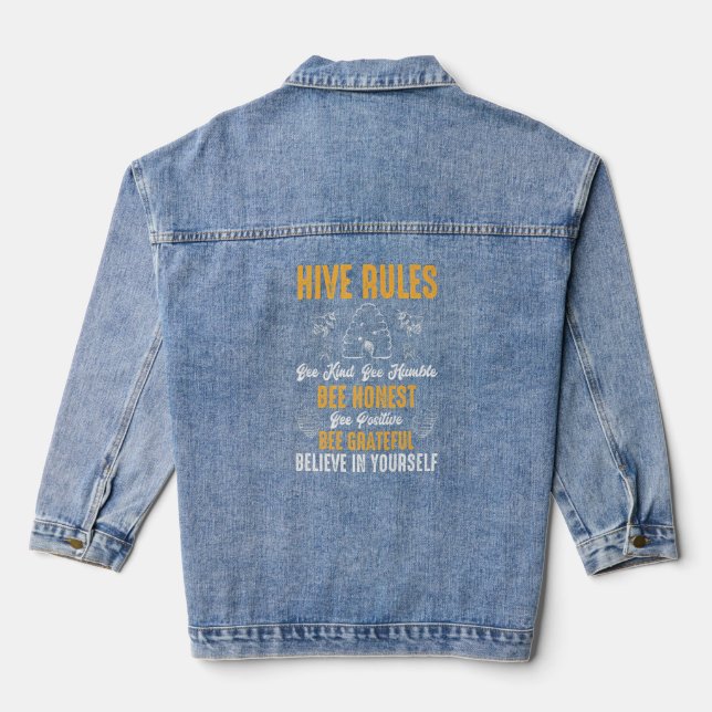 Hive Rules Bee Kind Bee Humble  Bee Pun  Denim Jacket (Back)