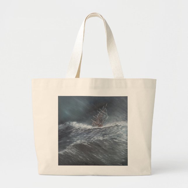 HMS Beagle in a storm off Cape Horn Large Tote Bag (Front)