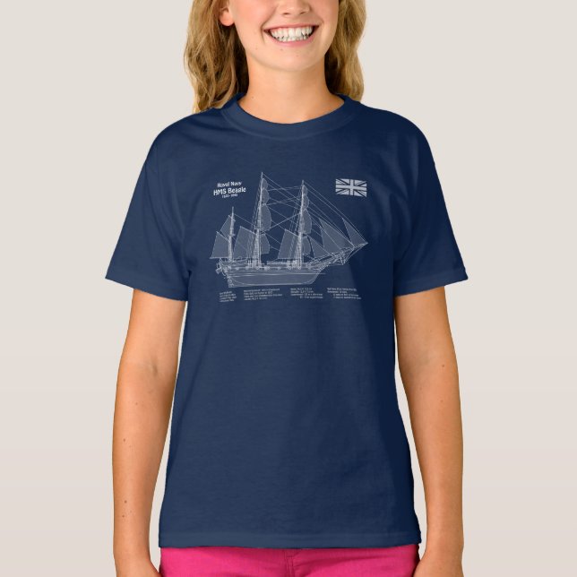 HMS Beagle Tall Ship - Ship Blueprint ABD T-Shirt (Front)