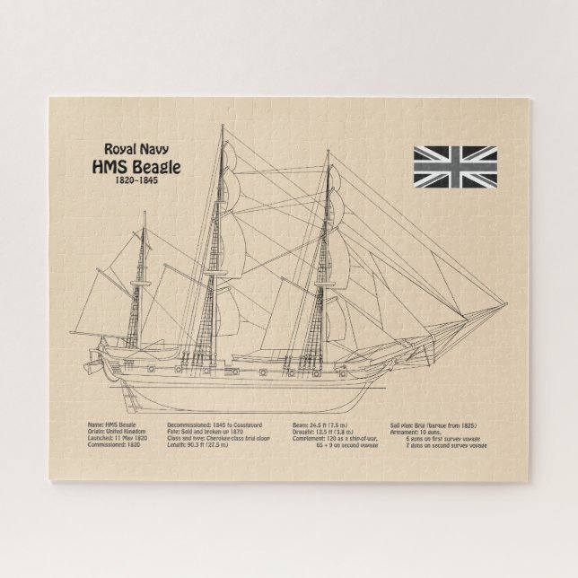 HMS Beagle Tall Ship - Ship Blueprint SD Jigsaw Puzzle (Horizontal)