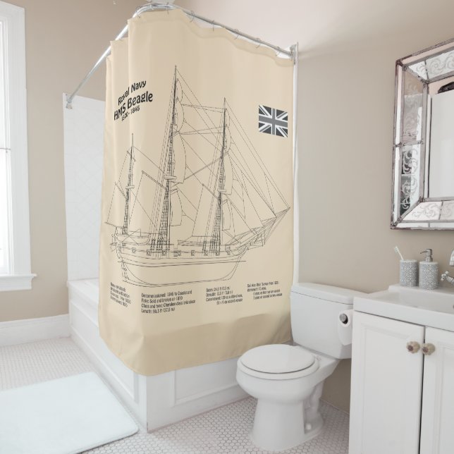 HMS Beagle Tall Ship - Ship Blueprint SD Shower Curtain (In Situ)