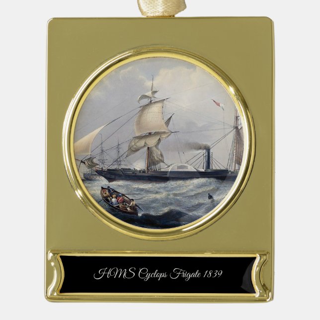 HMS Cyclops Frigate 1839 Gold Plated Banner Ornament (Front)