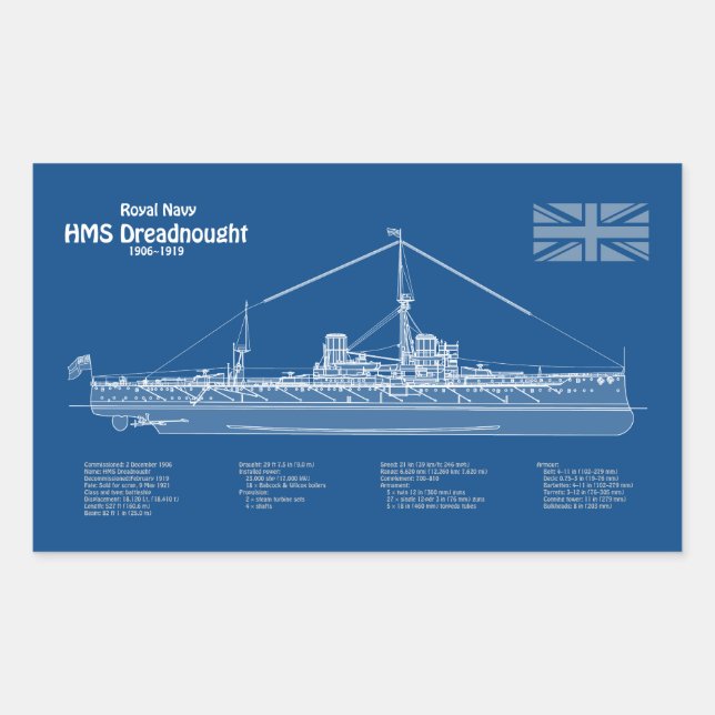 HMS Dreadnought - Ship Blueprint ABD Rectangular Sticker (Front)