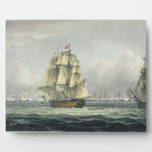 HMS Victory sailing for the French line flanked by Plaque