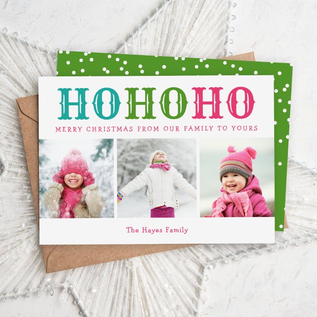 Ho Ho Ho | 3 Photo Collage Editable Colors Flat Holiday Card (Creator Uploaded)
