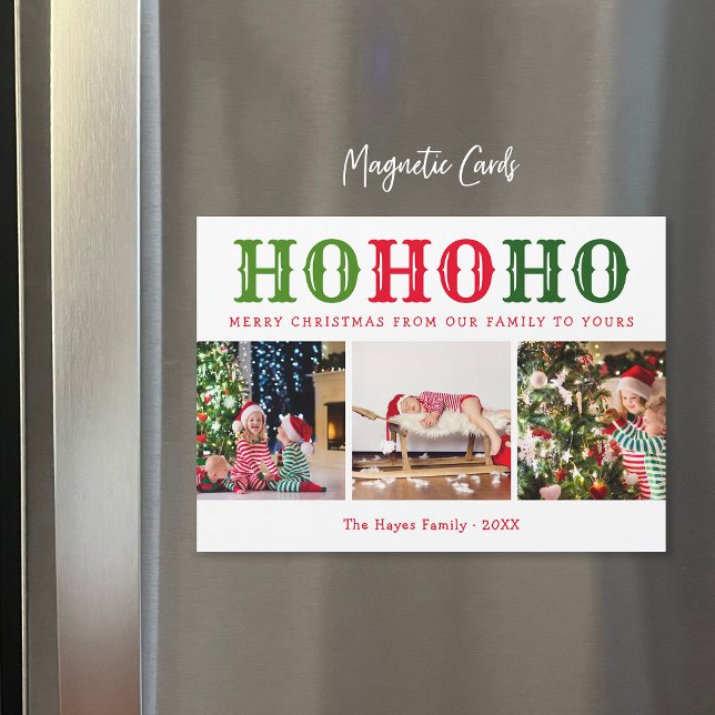 Ho Ho Ho | 3 Photo Collage Magnetic Holiday Card (Creator Uploaded)