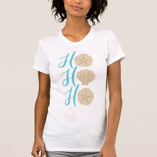 Ho Ho Ho Beach Christmas Sand Dollar and Shell T-Shirt (Front)