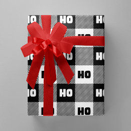 Ho Ho Ho Black White Chic Christmas Buffalo Plaid Wrapping Paper