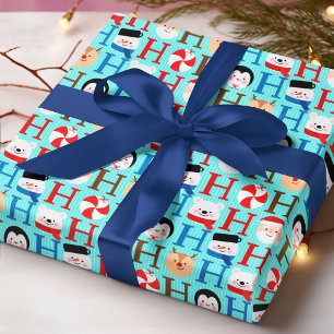 Ho Ho Ho Blue Santa Snowman Kids Christmas Wrapping Paper