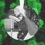 Ho Ho Ho | Bright Green Christmas Cheer Photo Ornament<br><div class="desc">Simple, stylish "Ho Ho Ho"christmas holiday ornament in green with a modern minimalist typography in white which can be easily personalised with your own greeting, family name & year for a trendy festive season! The card shows an example image an adorable happy little boy riding a scooter playing imaginary superhero....</div>