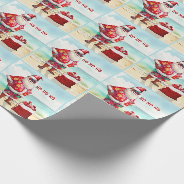 Ho Ho Ho Brown Skinned Santa on Beach Christmas Wrapping Paper (Corner)