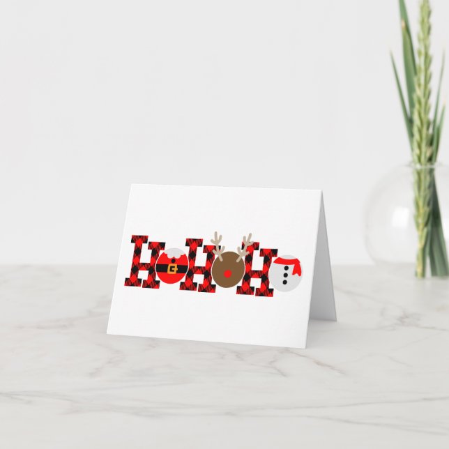 Ho Ho Ho Buffalo Plaid | Santa Reindeer Snowman Holiday Card (Front)