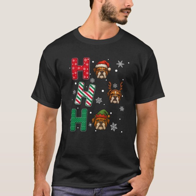 Ho Ho Ho Bulldog Dog Lover Matching Christmas Sant T-Shirt (Front)