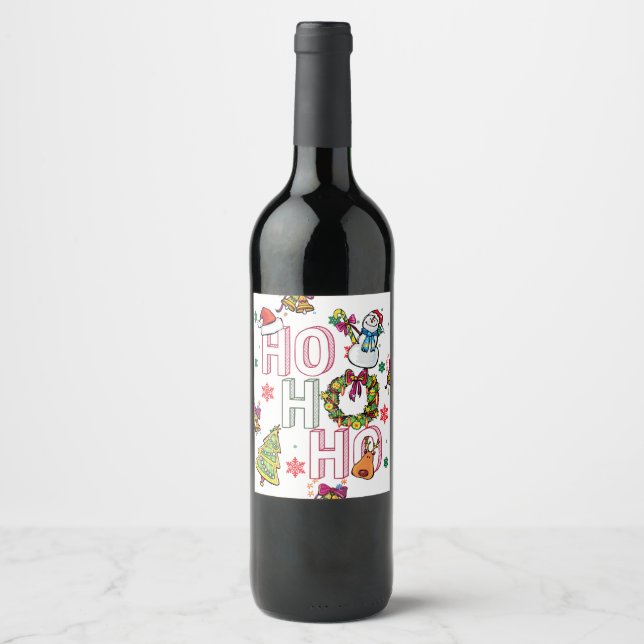 HO HO HO Christmas Bottle Doodle art Wine Label (Front)