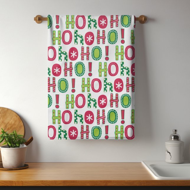Ho Ho Ho Christmas Fun Modern Red Green Pattern Tea Towel (Creator Uploaded)