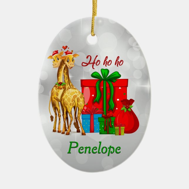 Ho Ho Ho Christmas Giraffes Ceramic Tree Decoration (Front)