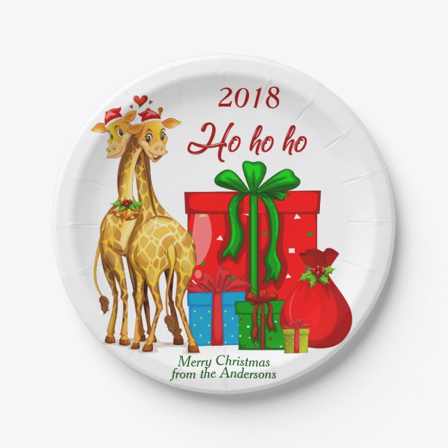 Ho Ho Ho Christmas Giraffes Paper Plate (Front)