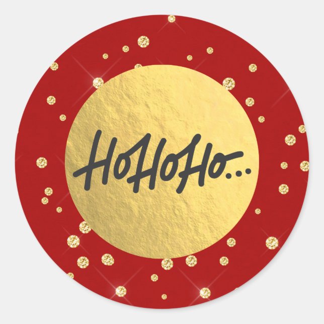 HO HO HO Christmas Holiday Red Gold dots Foil Classic Round Sticker (Front)