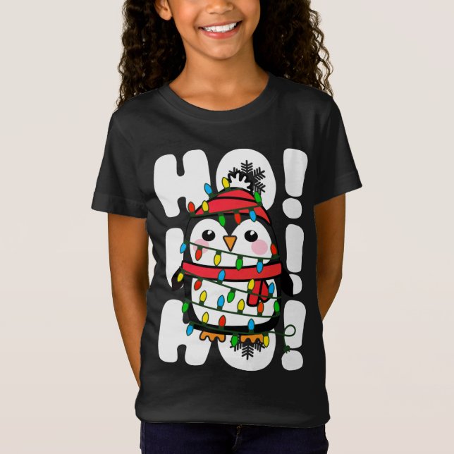 Ho Ho Ho Christmas Lights Cute Penguin T-Shirt (Front)