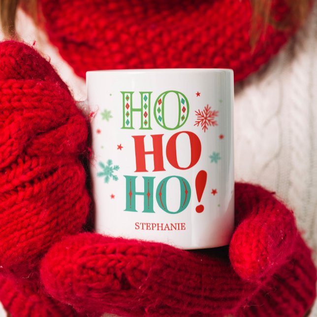 Ho Ho Ho Christmas Monogram Green Red Two-Tone Coffee Mug (Retro Ho Ho Ho Design with green read and teal. Personalize with name for a wonderful Christmas gift)