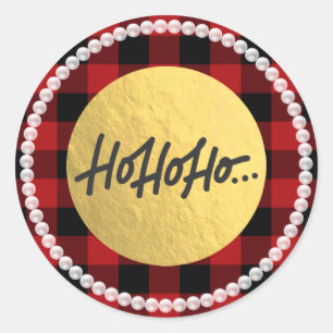 HO HO HO Christmas Pearls Buffalo Plaid Gold Foil Classic Round Sticker