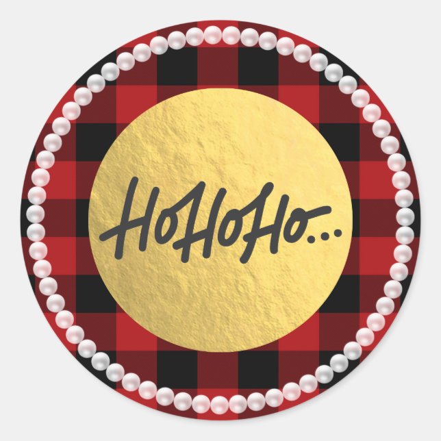 HO HO HO Christmas Pearls Buffalo Plaid Gold Foil Classic Round Sticker (Front)