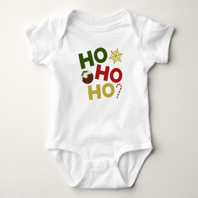 HO HO HO+Christmas Pudding, Candy, Snowflake Baby Bodysuit (Front)