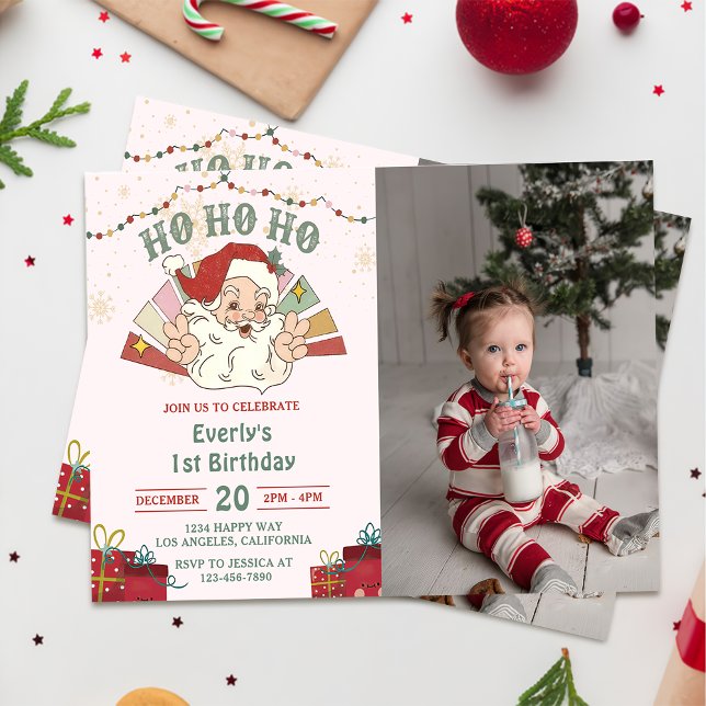 Ho Ho Ho Christmas Santa 1st Birthday Party Photo Invitation (Creator Uploaded)