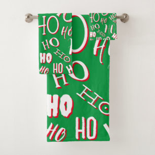 HO HO HO Christmas text pattern white green red Bath Towel Set