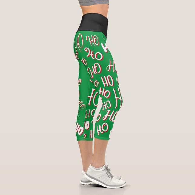 HO HO HO Christmas text pattern white green red Capri Leggings (Right)