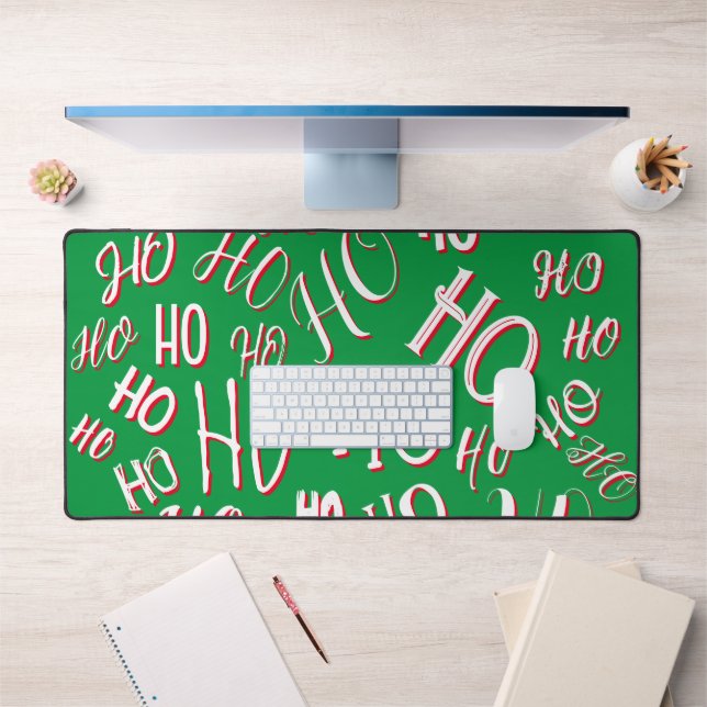 HO HO HO Christmas text pattern white green red Desk Mat (Office 1)