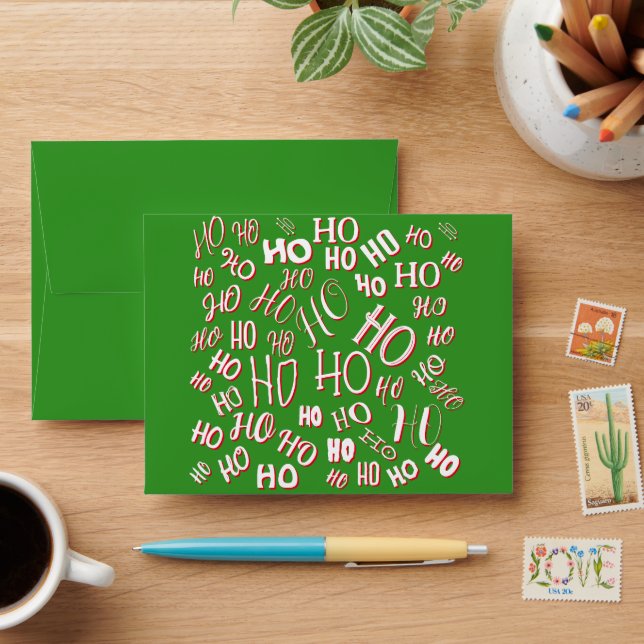 HO HO HO Christmas text pattern white green red Envelope (Desk)