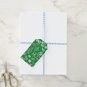 HO HO HO Christmas text pattern white green red Gift Tags