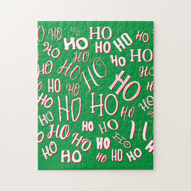 HO HO HO Christmas text pattern white green red Jigsaw Puzzle (Vertical)