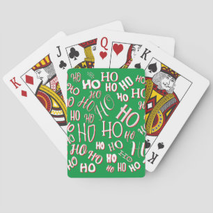 HO HO HO Christmas text pattern white green red Playing Cards